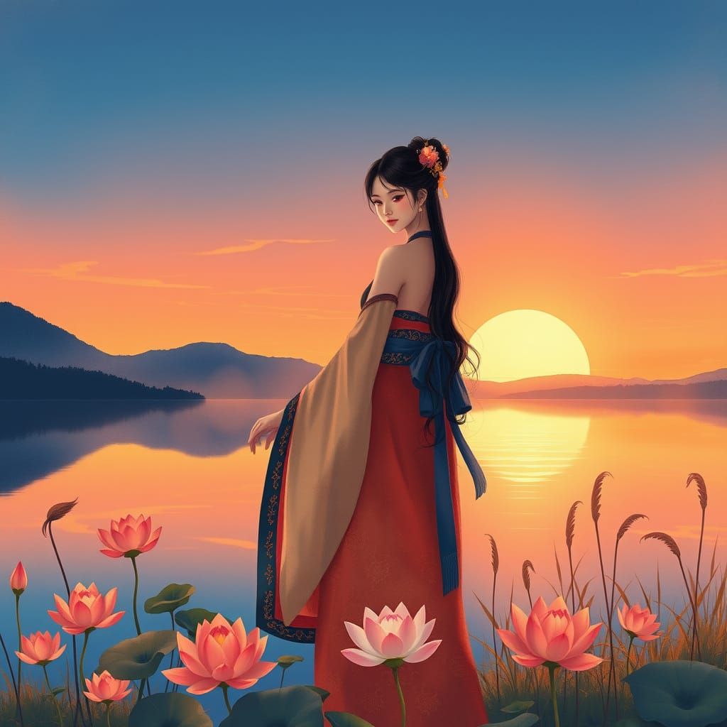Asian Woman at Sunset in Art Nouveau Style