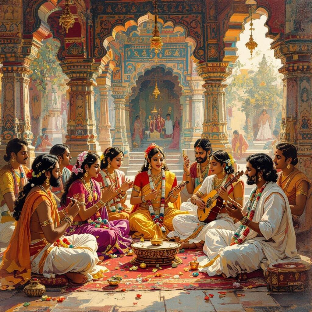 Indian Devotees Singing Bhajan in Temple, Classical Art