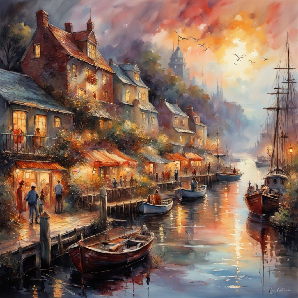 Dreamlike Harbour Scene in Watercolour Style