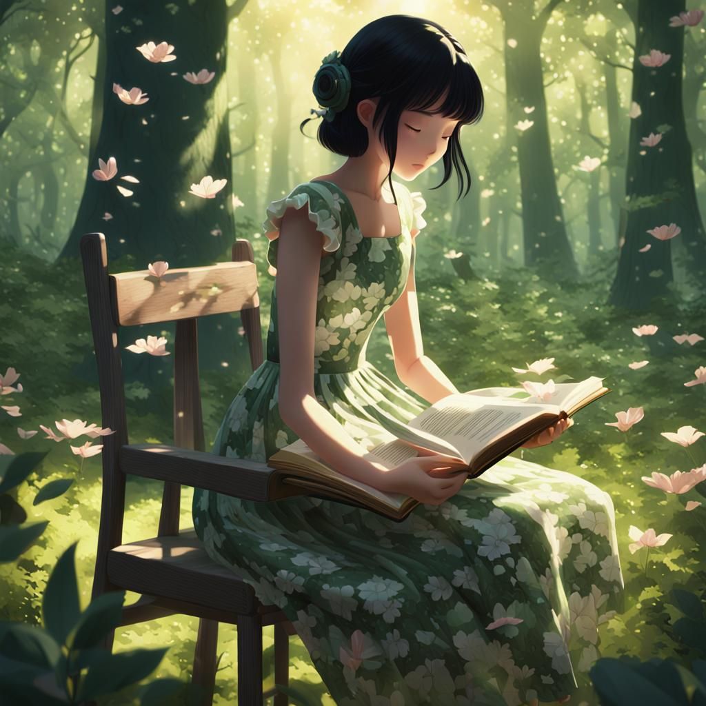 Girl Reading in Forest, 3D Anime Art