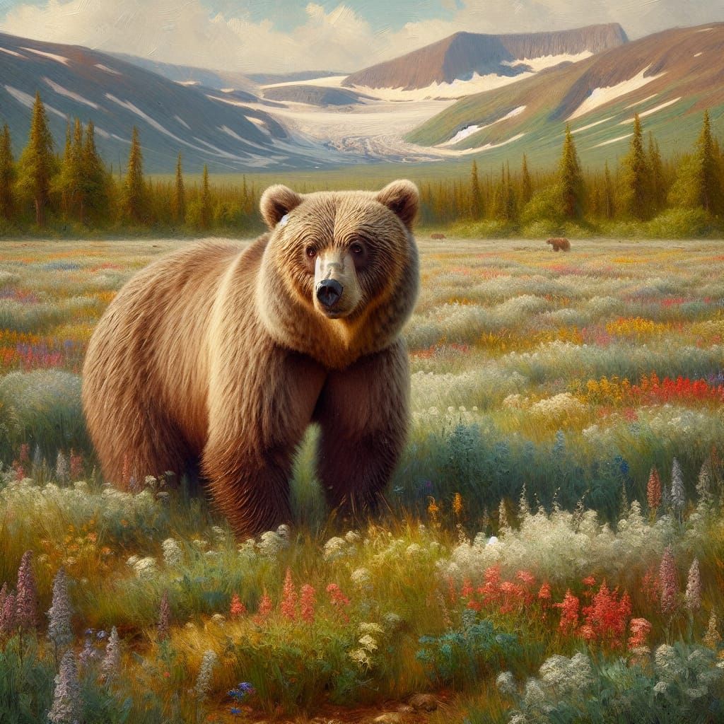 A Grizzly Bear in a Vibrant Sub-Alpine Meadow