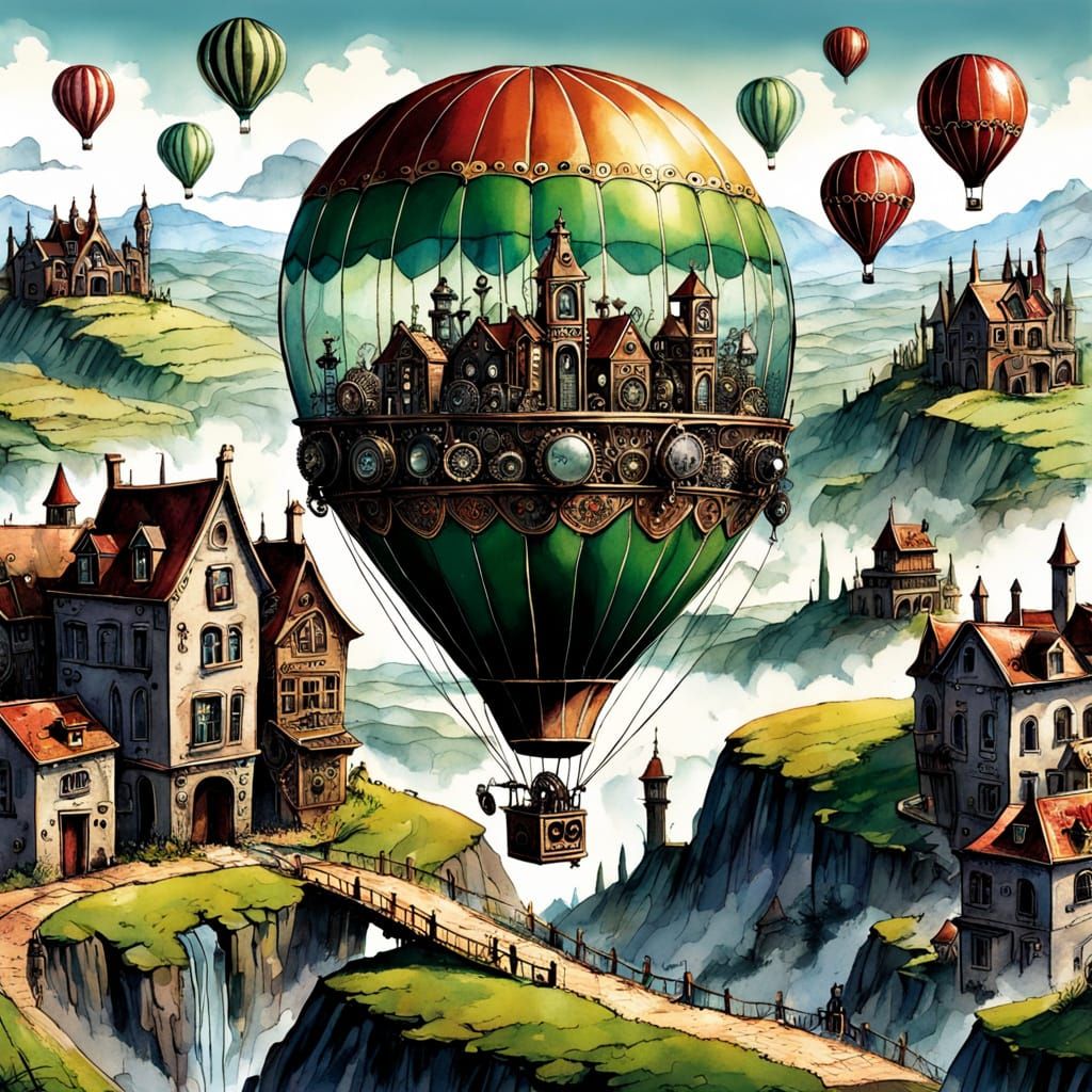 Clockwork City in Hot Air Balloons Over Hills