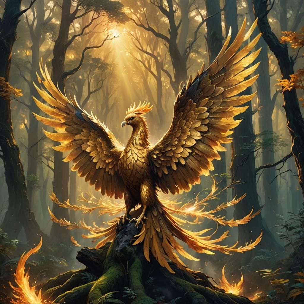 Golden Phoenix Cleansing Dark Forest: Oil Painting