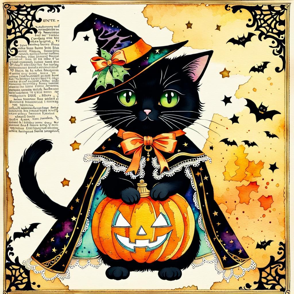 Halloween Cat in Costume: Vintage Watercolor Illustration