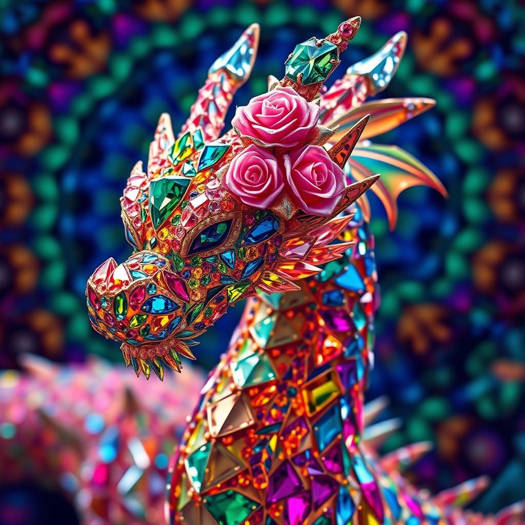Gemstone Dragon with Crystallized Roses in Hyperrealistic St...