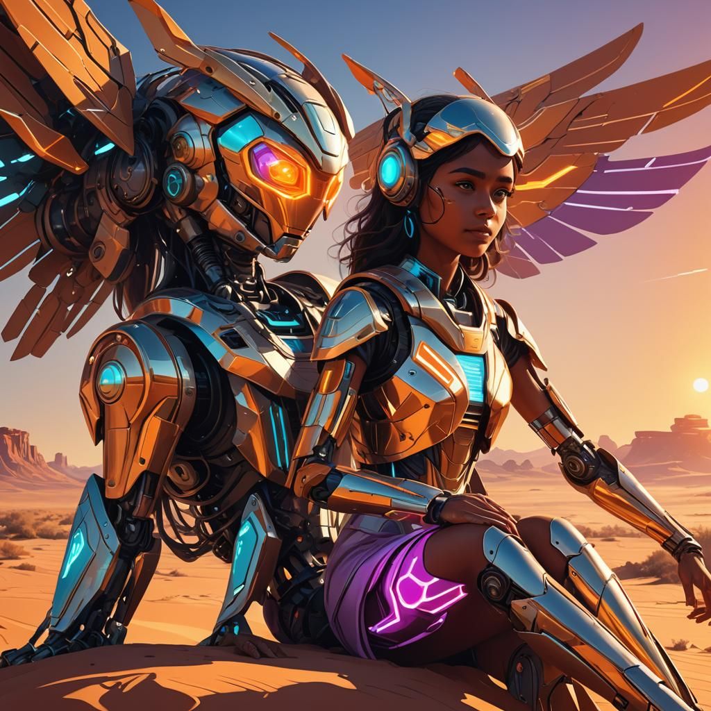 Indian Girl and Robot in Sci-Fi Desert Landscape