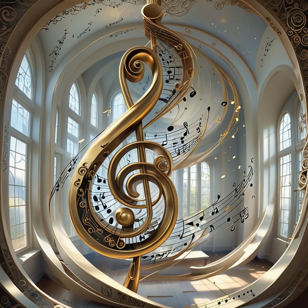 Ethereal Conductor in Music Room with Floating Notes