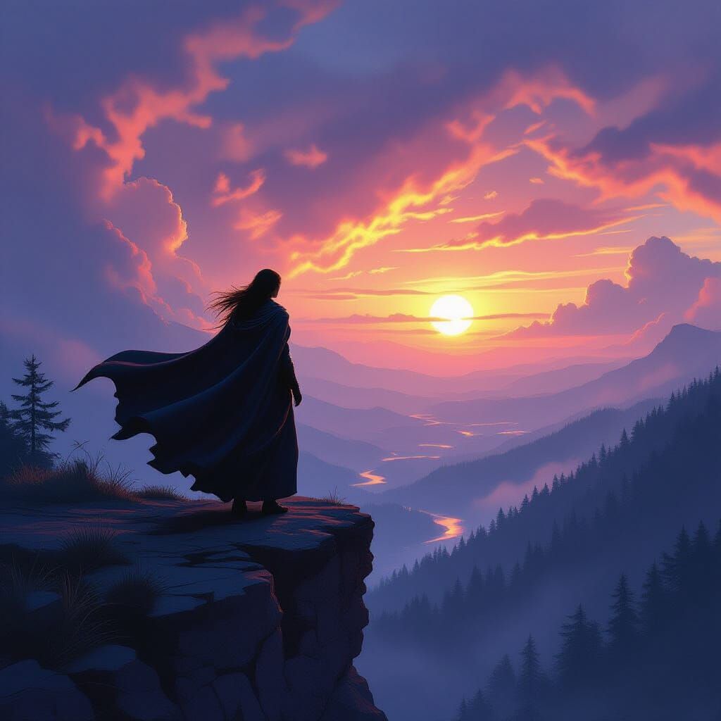 Epic Fantasy Adventurer on Cliff Overlooking Ancient Forest