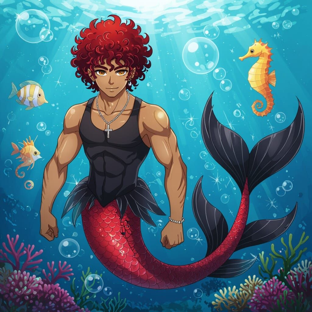 Anime Merman with Red Afro and Mermaid Tail