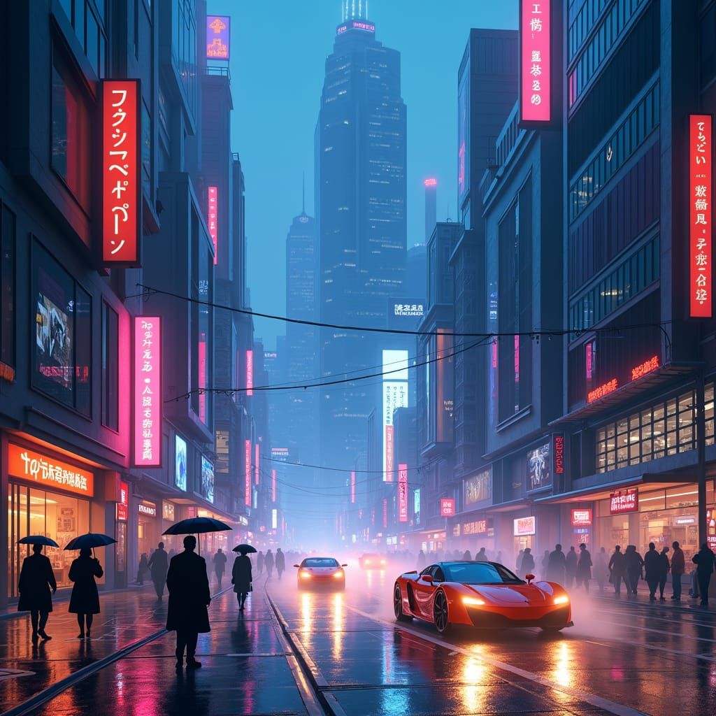 Futuristic Cityscape at Dusk in Anime Style