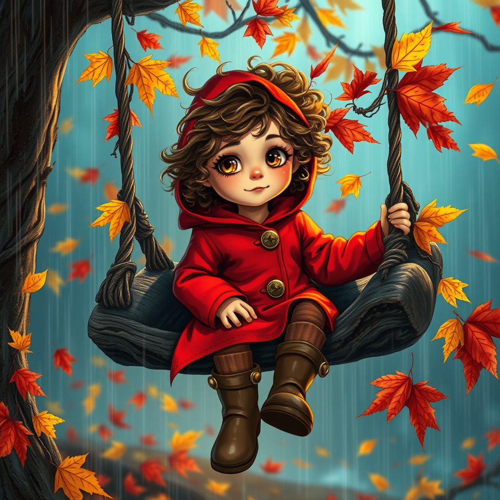Girl on Swing Amidst Autumn Rain