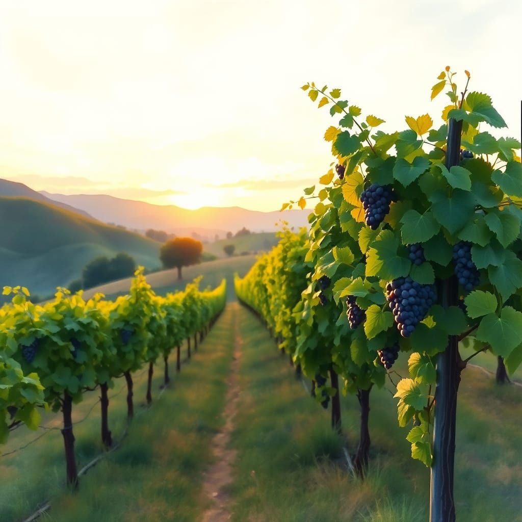 Vineyard Sunset in Impressionist Watercolor Style