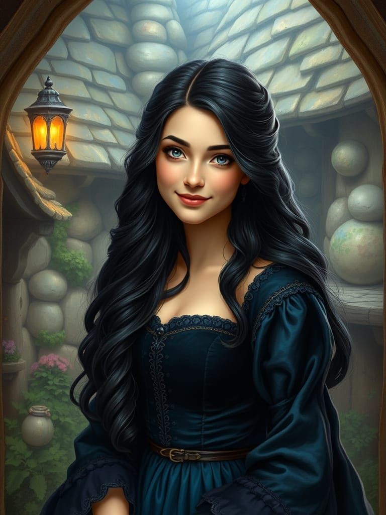 Medieval Woman in Whimsical Velvet Dress Inside Cottage