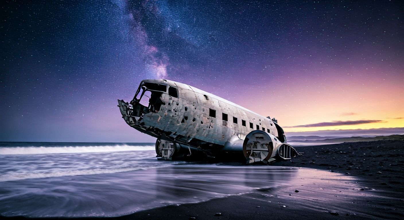Crashed Aircraft on Beach Under Starry Sky