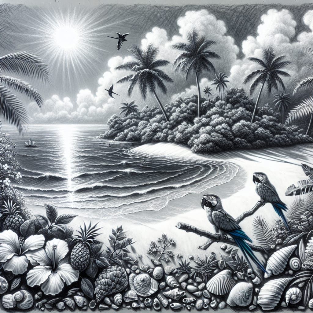 Deserted Island Paradise in Charcoal Drawing