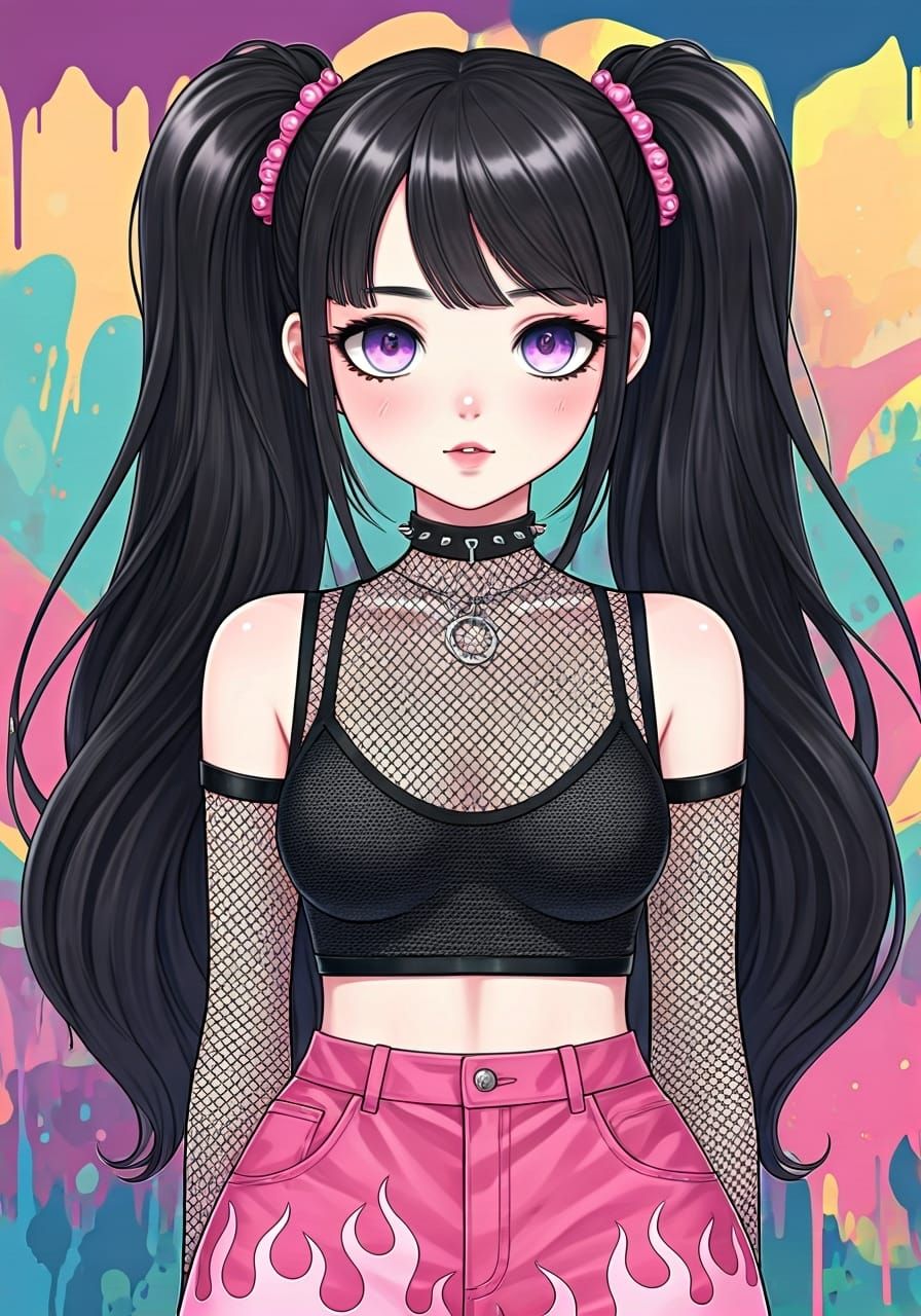 BABYMONSTER Inspired Anime Girl with Gothic Pigtails