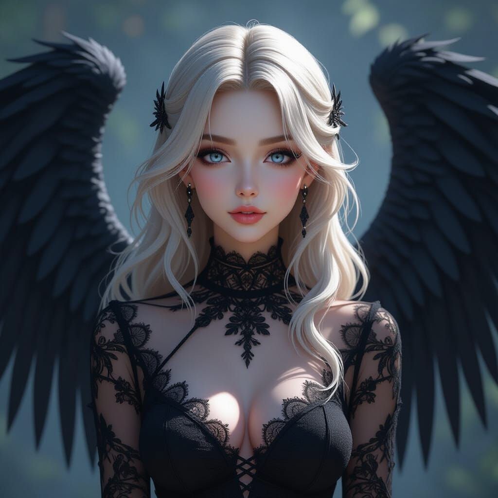 Ethereal Woman with Gothic Angel Wings in 3D Anime
