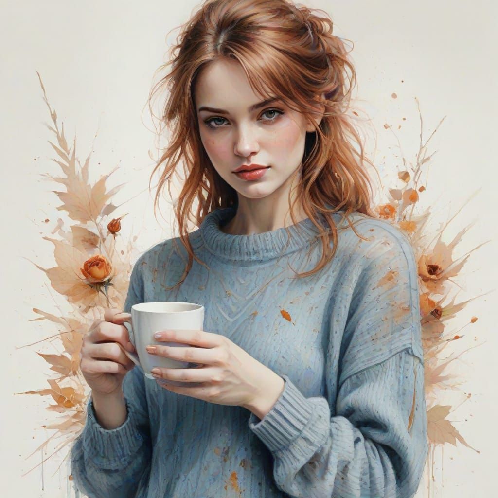 Sophisticated Lady with Coffee in Autumn Watercolor