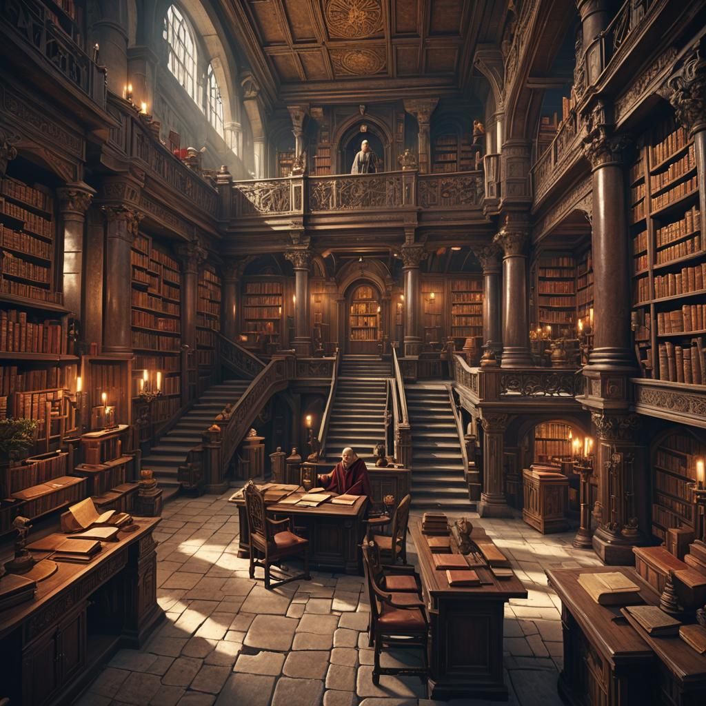 Monks Copying Books in Ancient Library