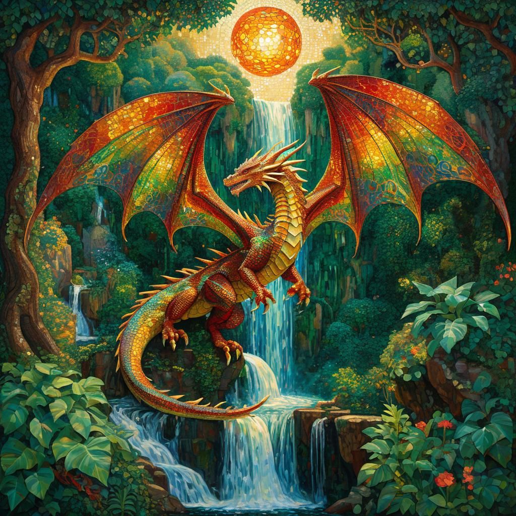 Dragon with Orb near Waterfall in Mosaic Style