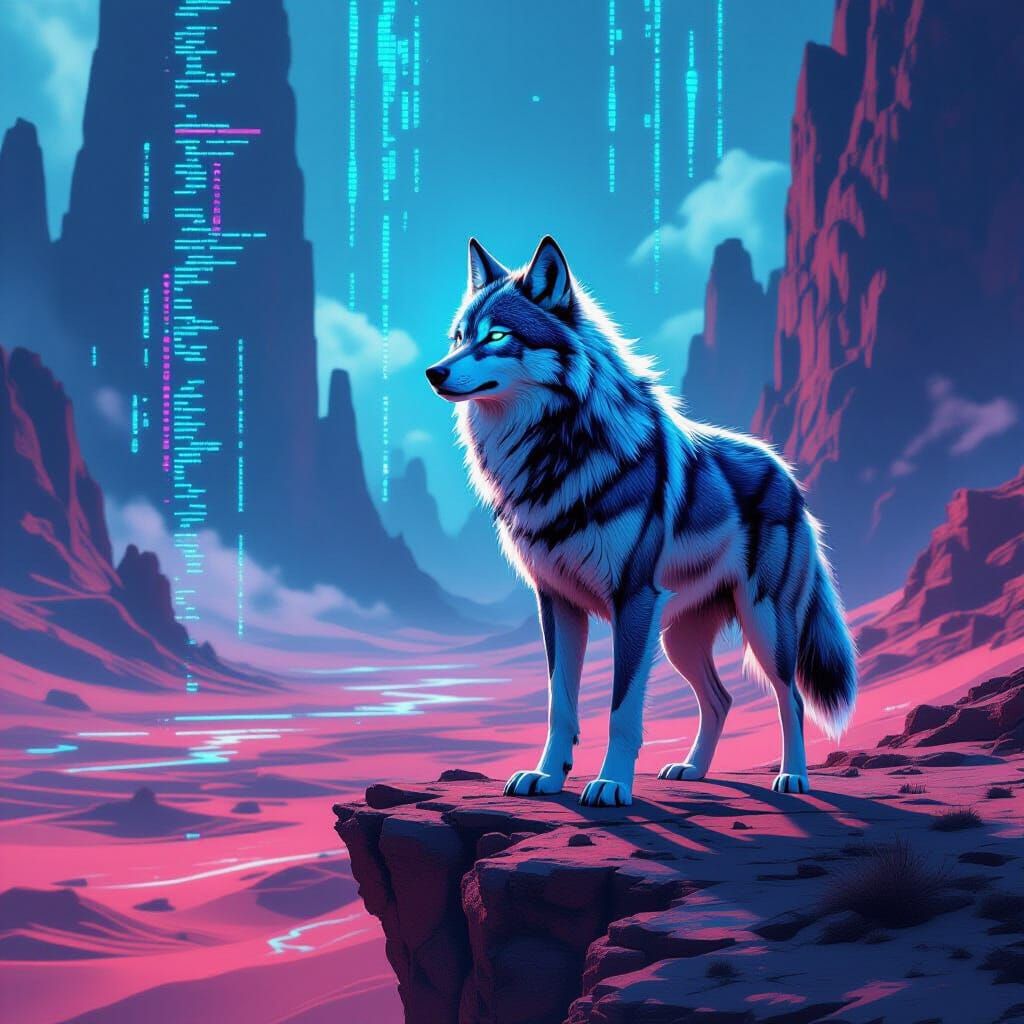 Digital Wolf on Precipice Overlooking Cyber Desert