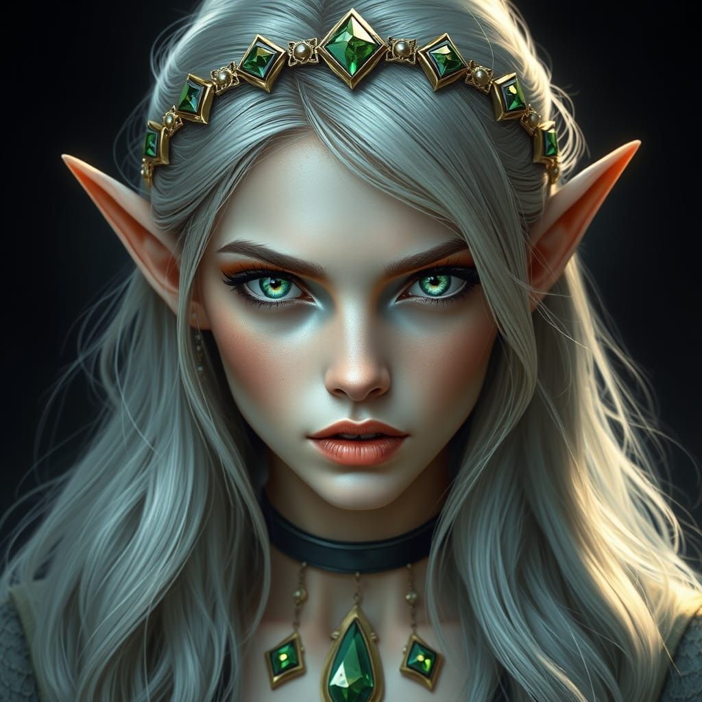 Enchanted Elf Maiden with Shining Emerald Eyes
