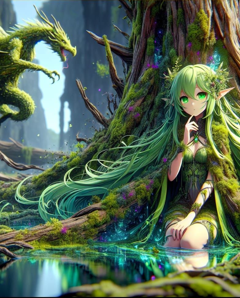 Anime Druid Girl with Dragon in Detailed Matte Painting