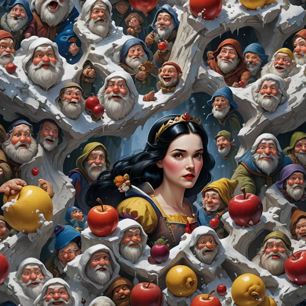 Snow White and Dwarfs in Hyperrealistic Splash Art