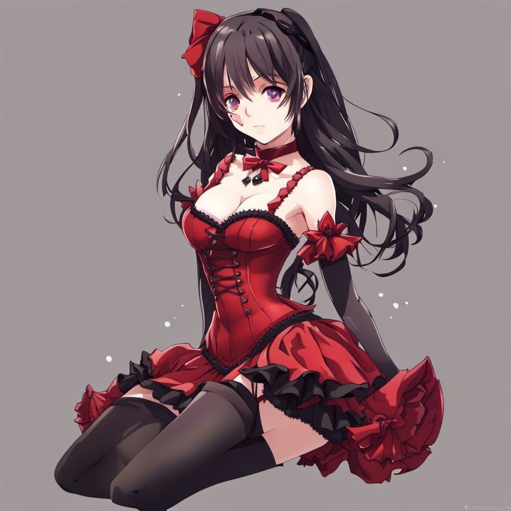 Anime Girl in Crimson Corset Dress
