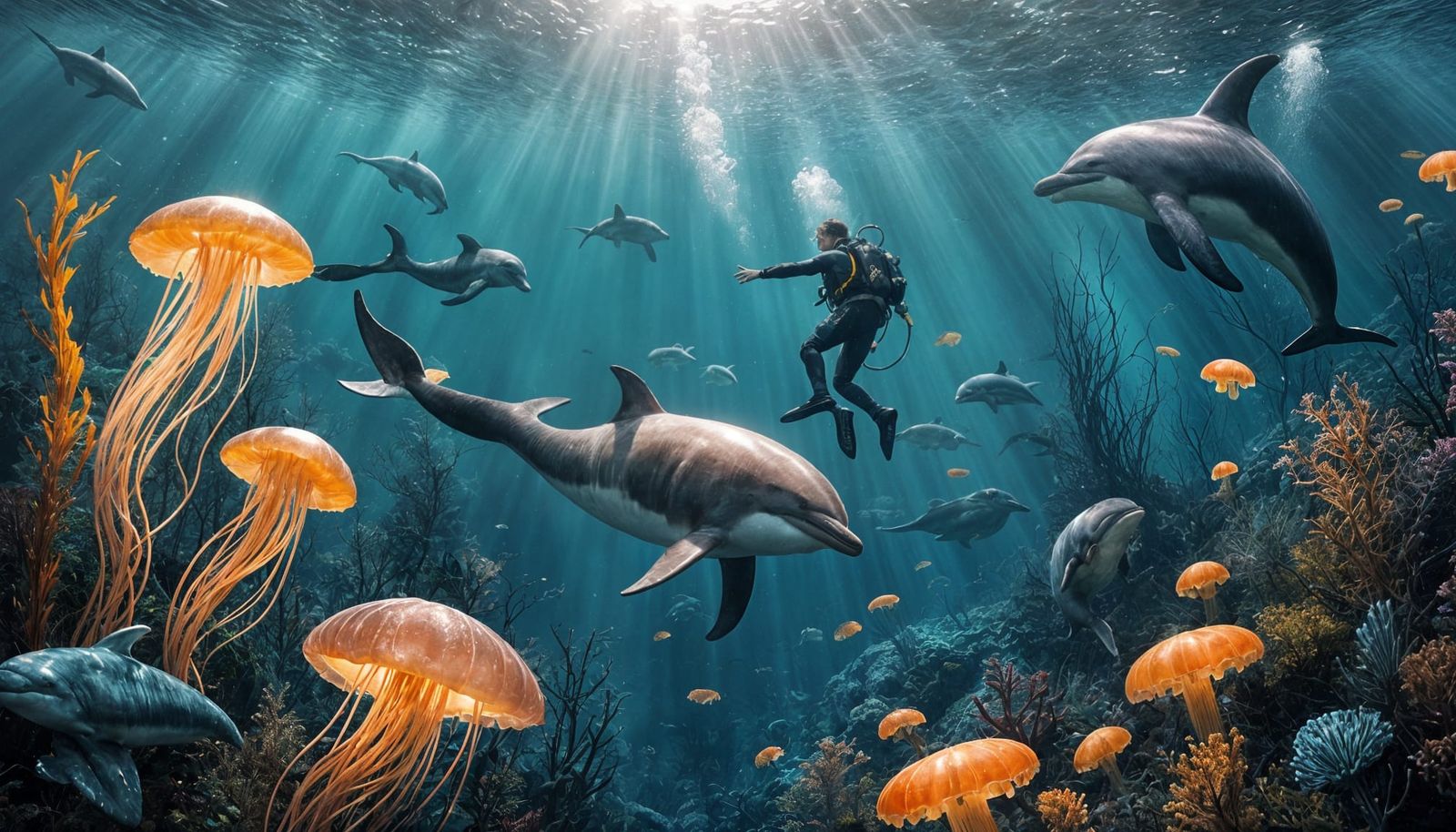 Underwater Scene with Diver, Dolphin, and Whale