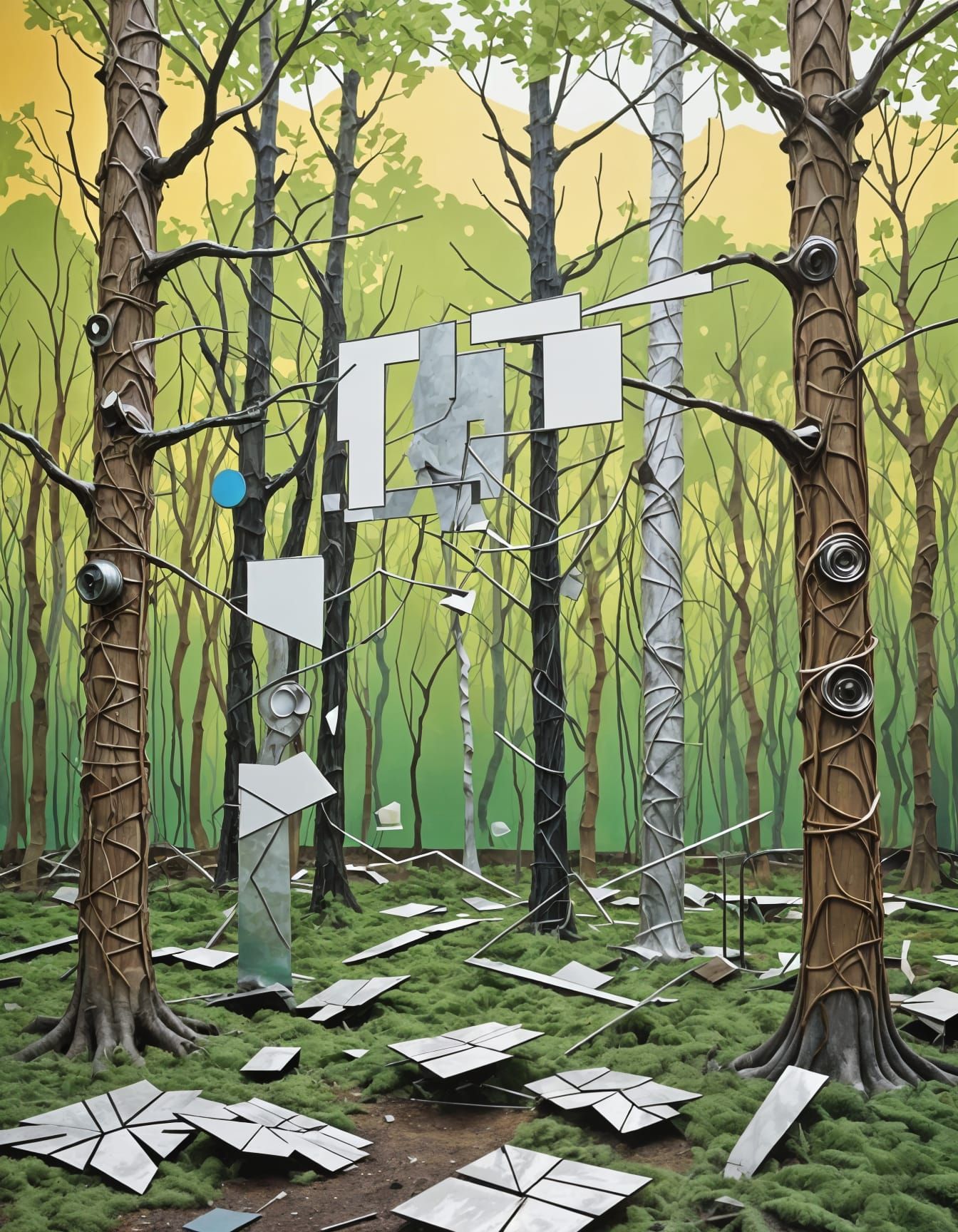 Abstract Forest Painting with Mixed Media Sculpture