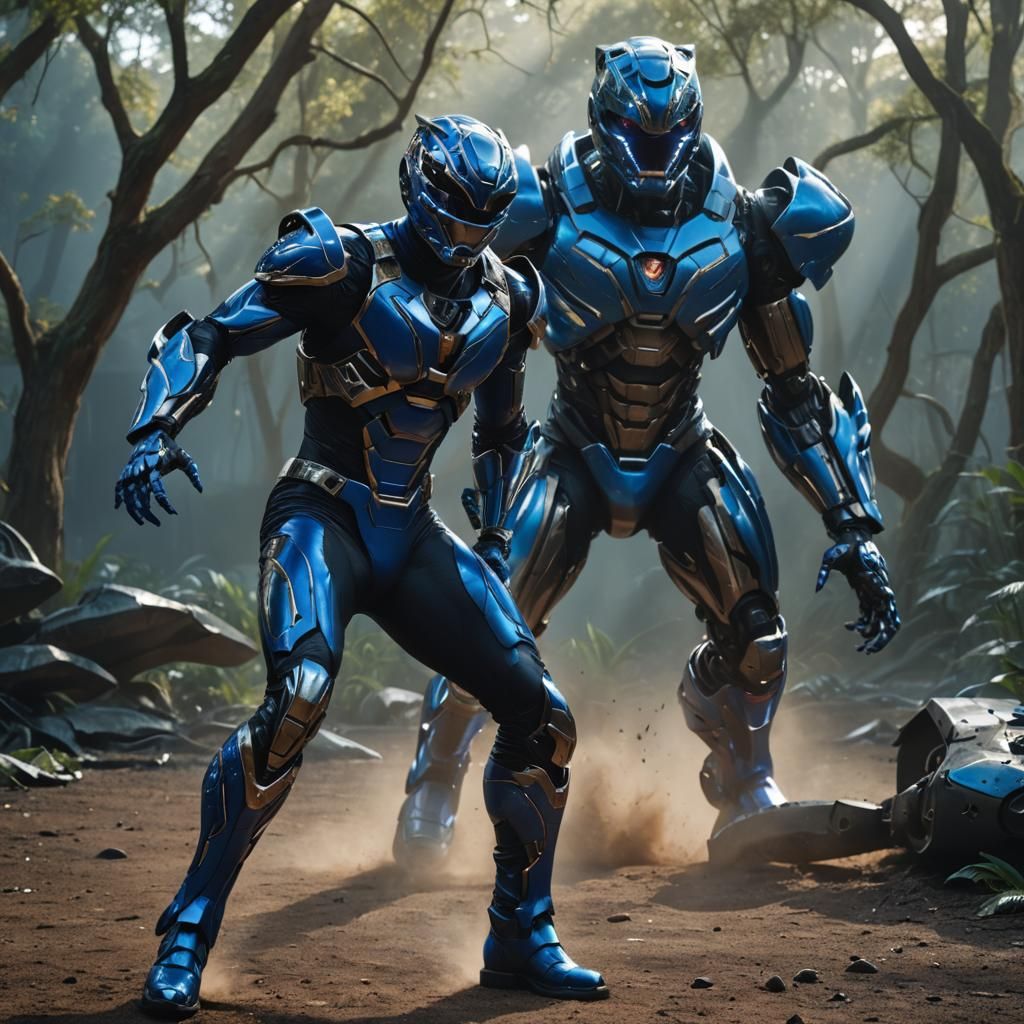 cinematic movie scene,of African American Male, as Power Ranger, blue aura around him, his signature costume, blu and bl...