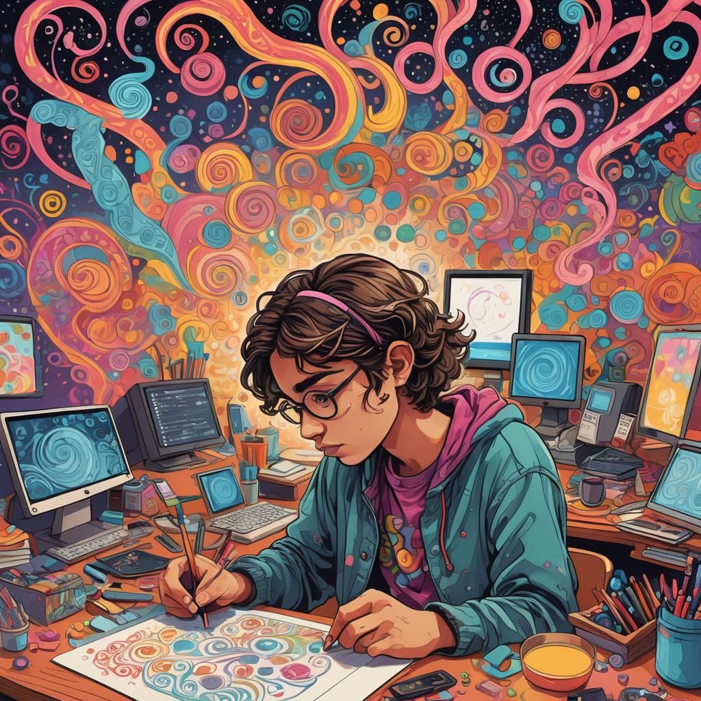 Whimsical Lineart Student Drawing with Tablet