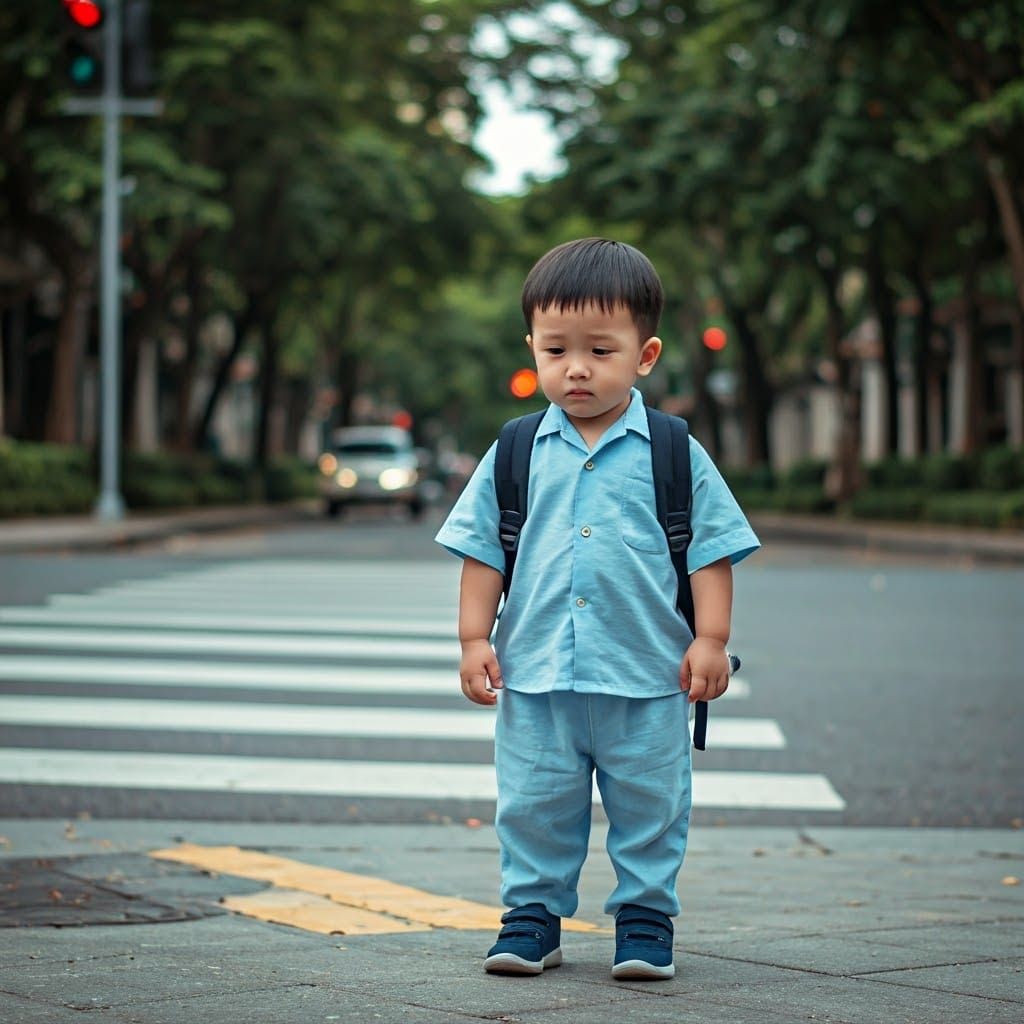 Vulnerable Boy at Crosswalk: Cinematic Film Still