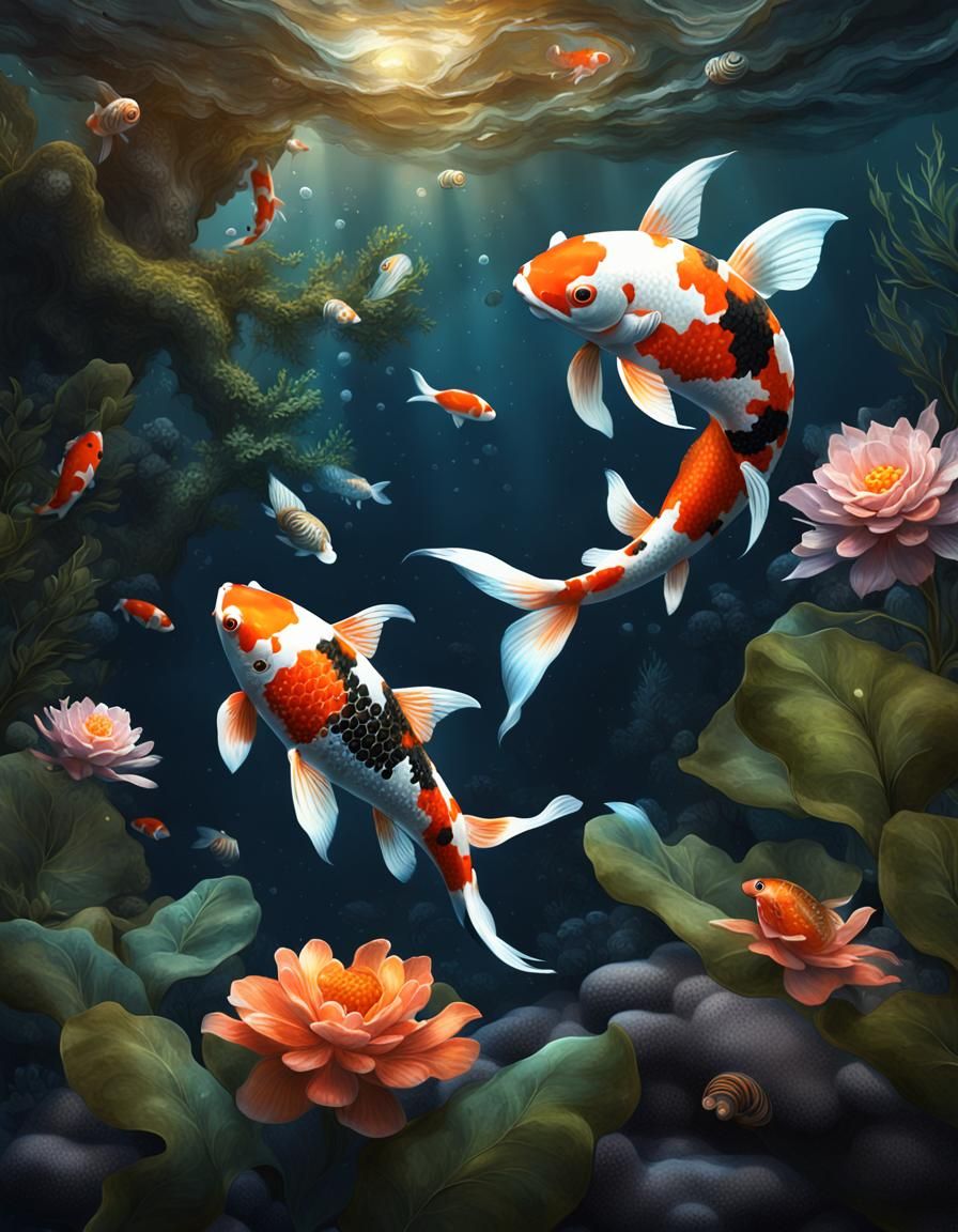 Koi Fish Underwater: Detailed Digital Matte Painting