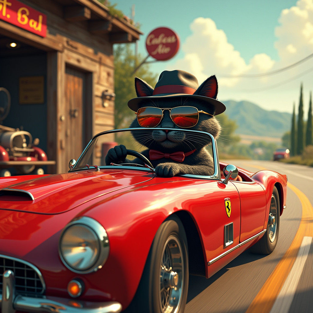 Cat in Fedora Drives Ferrari: Matte Painting