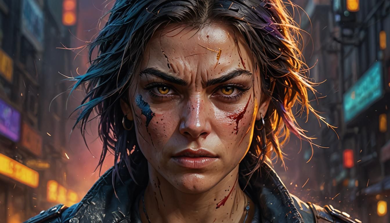 Tough Vigilante Woman Portrait in Splash Art Style