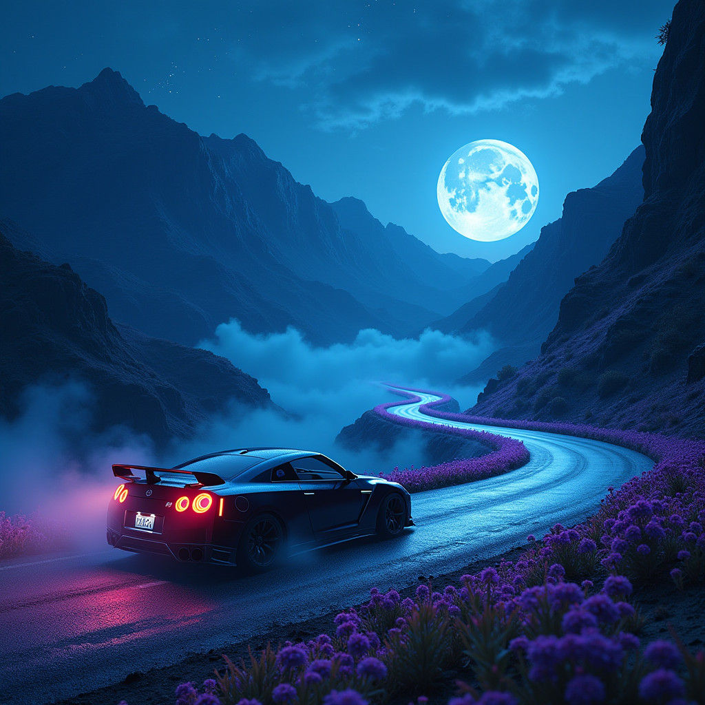 Nissan GT-R R35 in Bioluminescent Fantasy Landscape