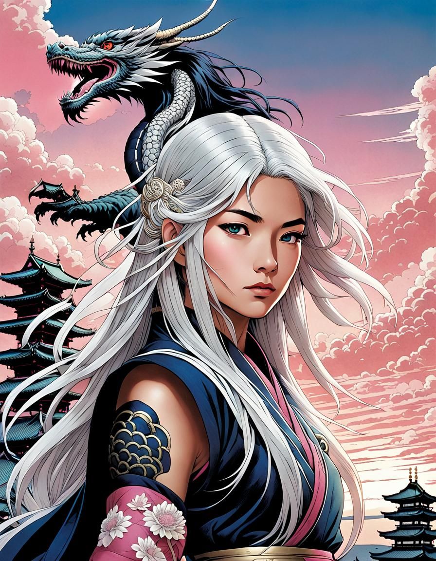 Woman with White Hair in Hydropunk Samurai Style