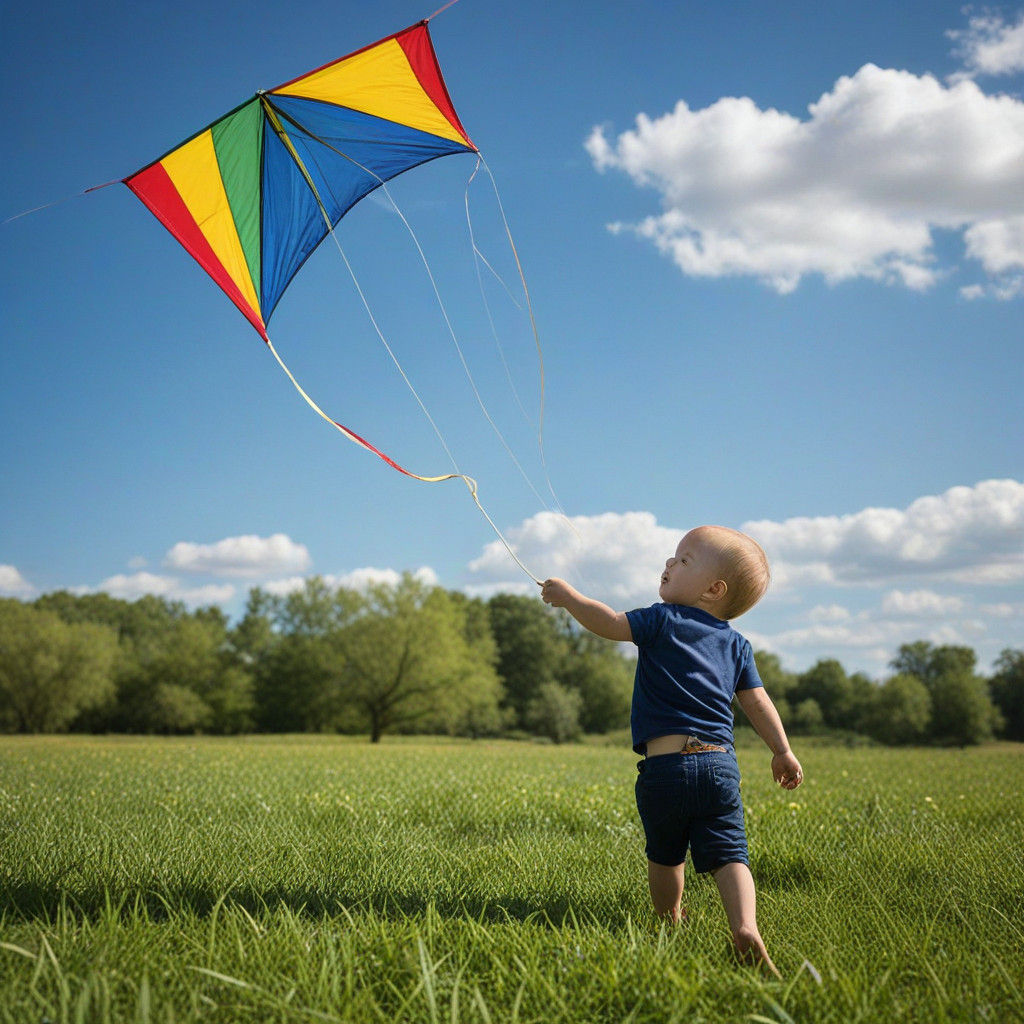 Young Boy Plays with Kite in a Sunny Field