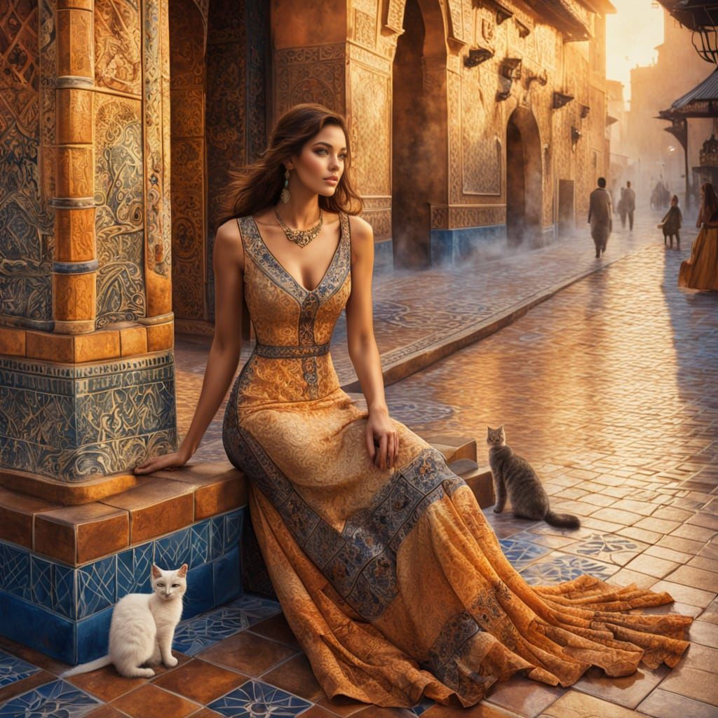 Latin Woman in Rio with Cat, Fantasy Art