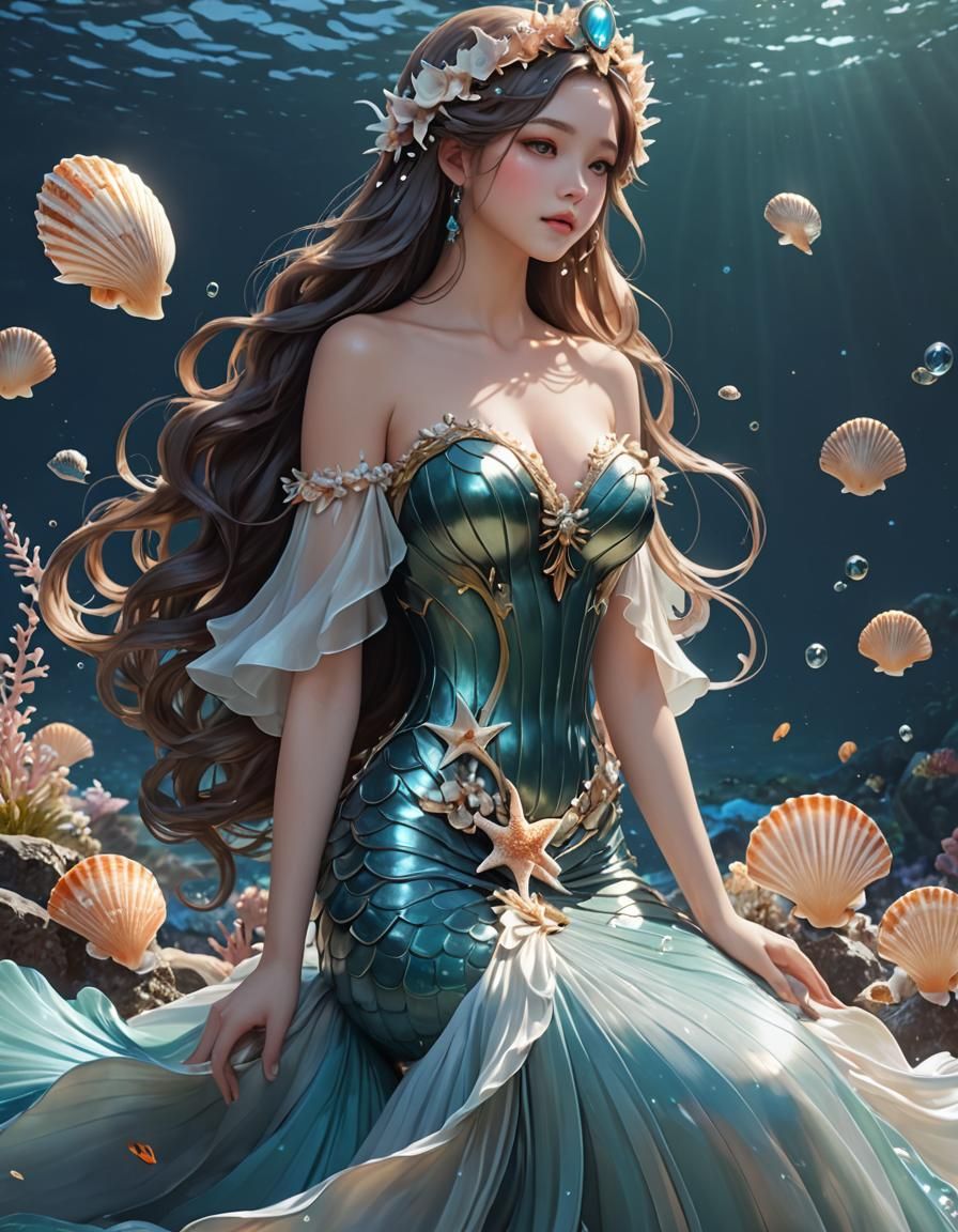 Anime Mermaid with Seashell Headdress in 3D