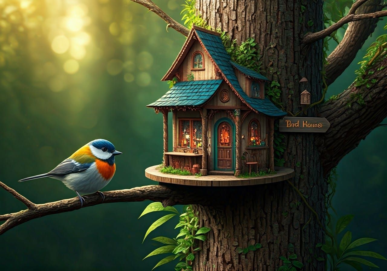 Birdhouse Fantasy: Fluffy Bird in Maximalist Scene