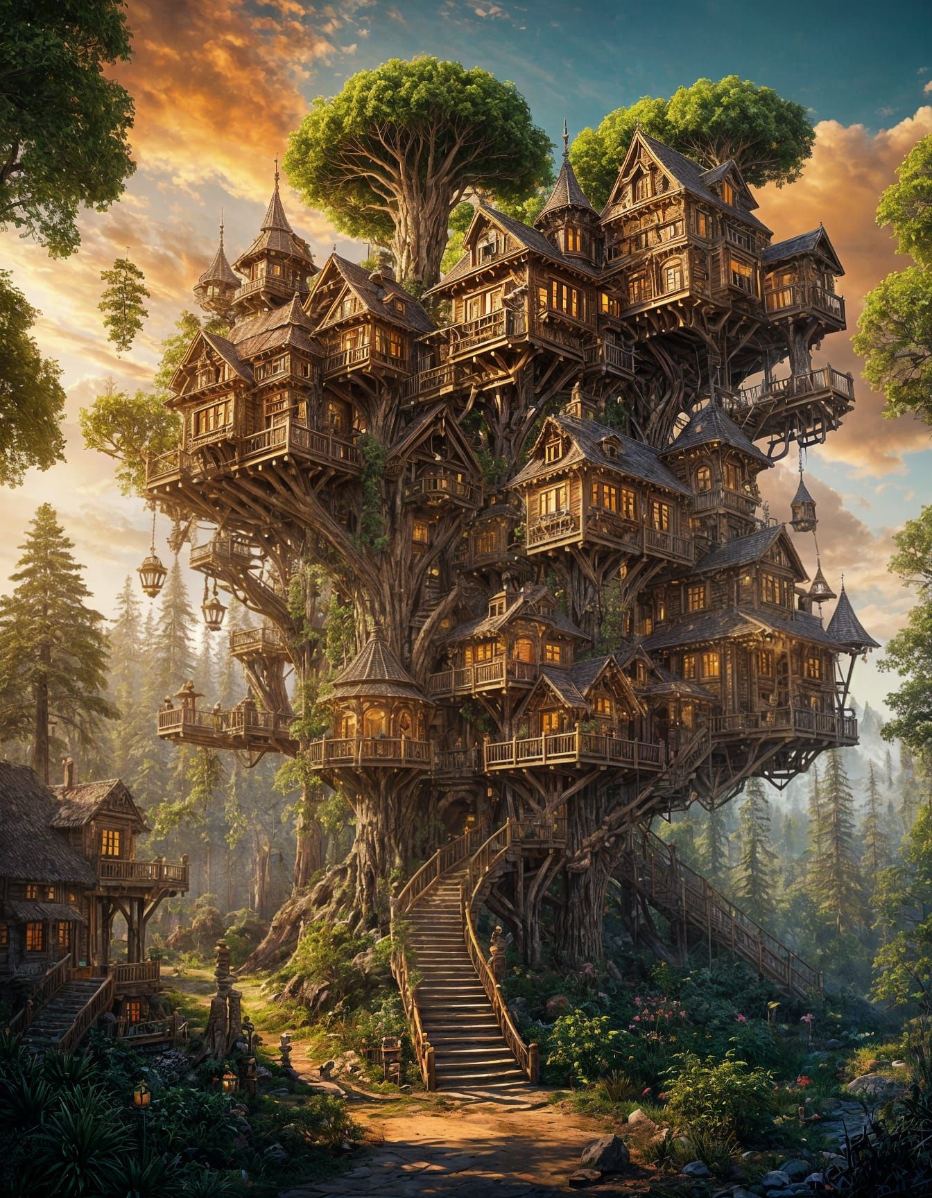 Steampunk Treehouse Village within a Giant Sequoia