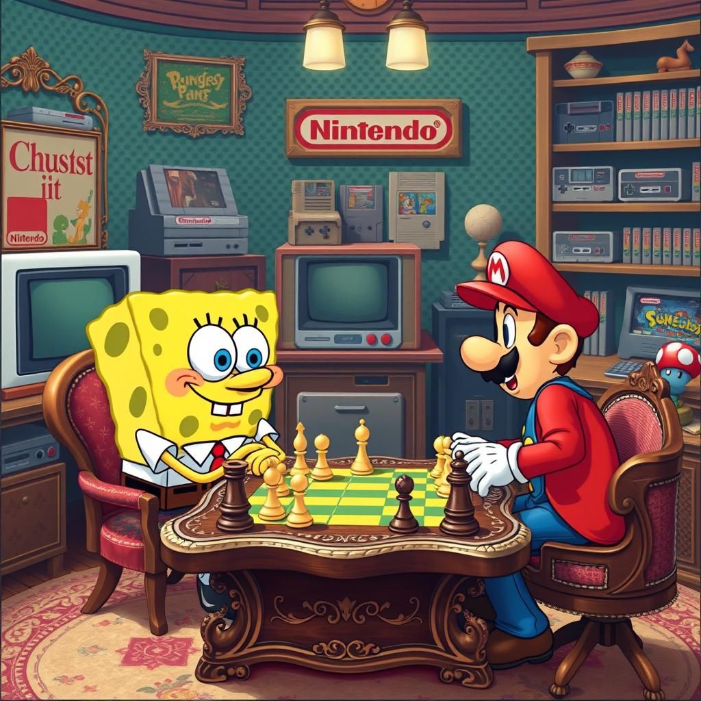 SpongeBob and Mario Chess Match in 8-bit Style