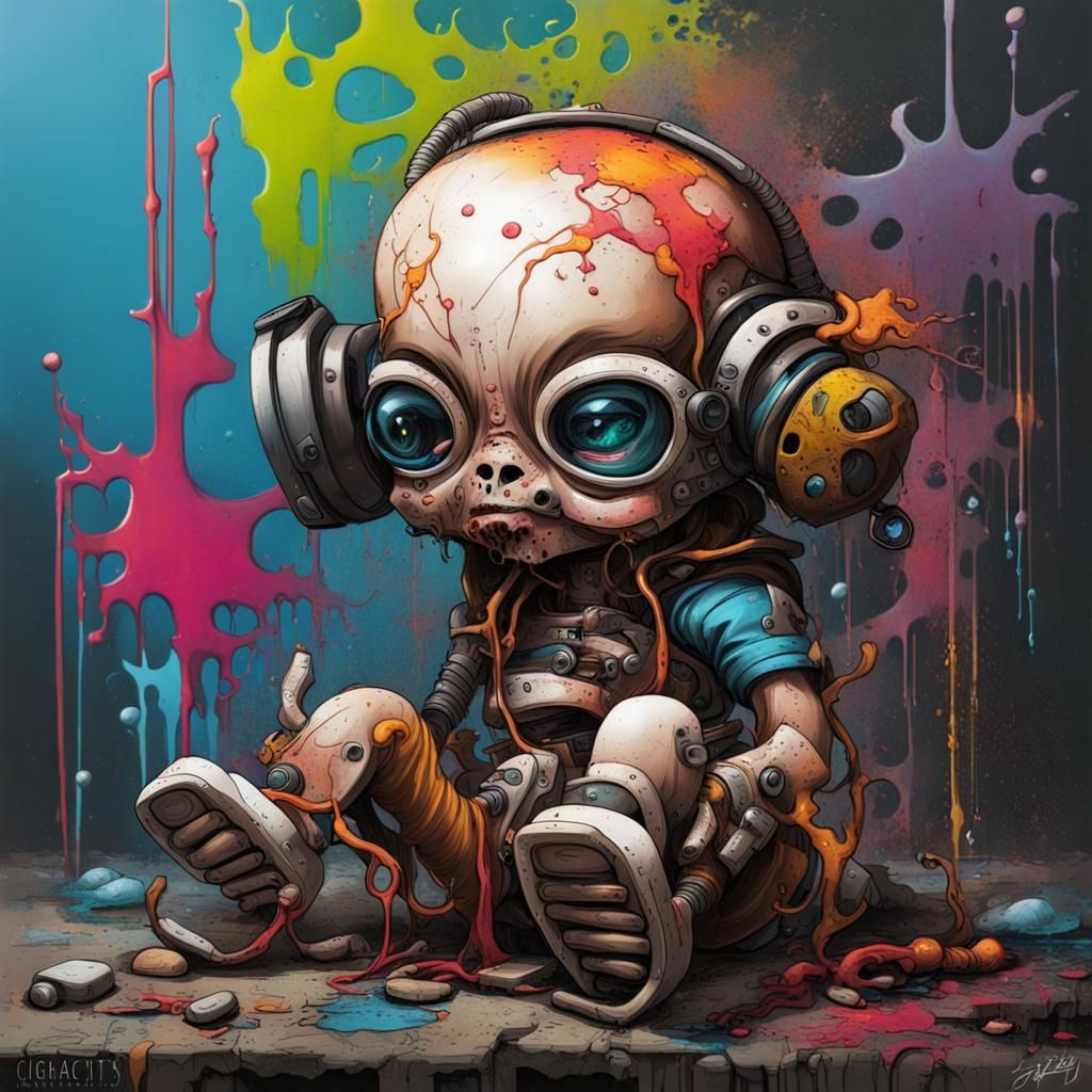 Post-Apocalyptic Biomechanical Newborn: Graffiti Art