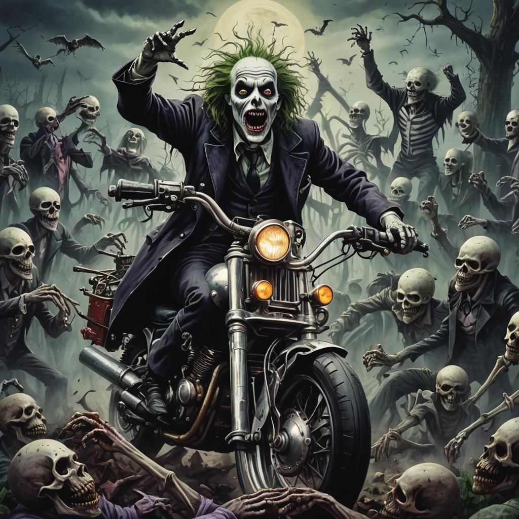 Beetlejuice on Motorcycle in Graveyard Fantasy