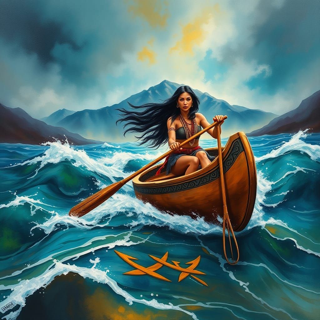 Native American Woman Paddling Canoe in Expressionist Style