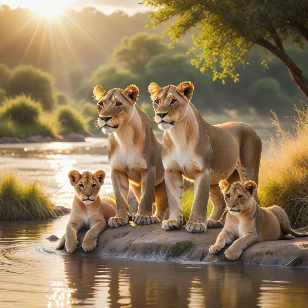 Regal Lioness and Cubs Bask in Heavenly Sunshine