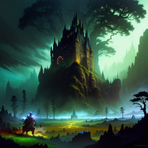 Epic Warrior Stands at Fantasy Forest's Edge, with Majestic....